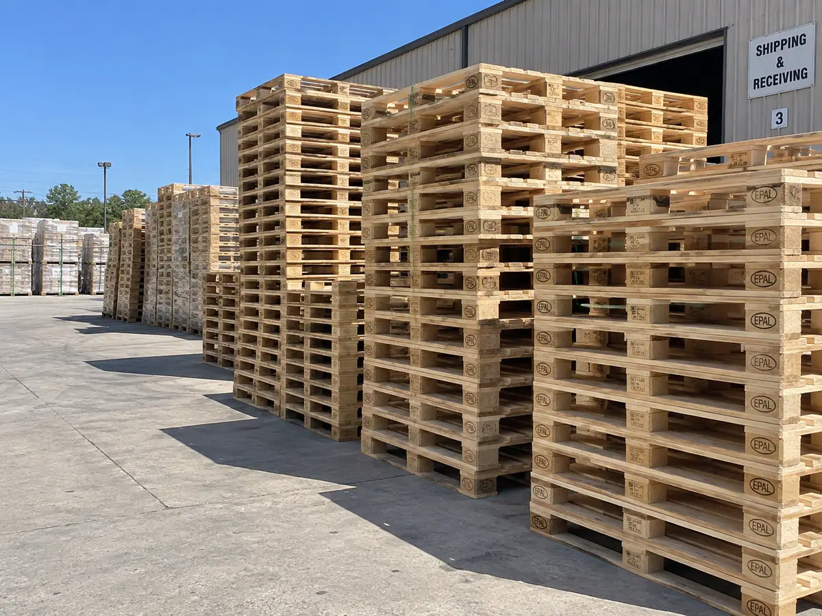 Outdoor yard in bright sunshine with tall stacks of clean EPAL-stamped pallets beside a Shipping and Receiving door under a clear blue sky