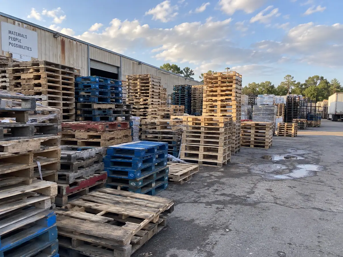 Outdoor pallet yard with mixed used pallets in natural, blue and red, stacked beside a warehouse under a cloudy sky