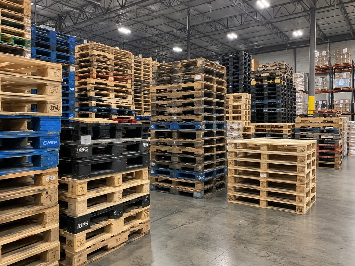 Warehouse interior with pallets sorted by type — natural wood, blue pooled units, black plastic and EPAL stamped stacks