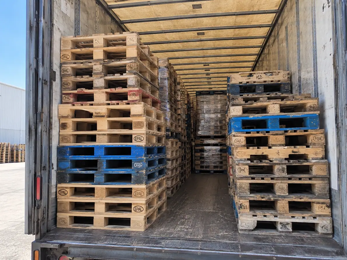 View into a loaded trailer stacked to the roof with wood pallets, rear doors open to blue sky