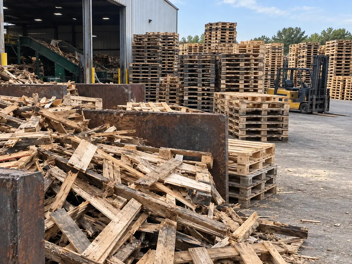 Recycling yard with a steel bin full of broken pallet wood, a grinder conveyor, stacks of pallets and a forklift beyond